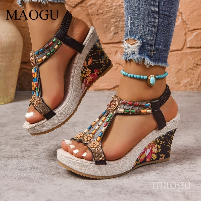 Ethnic Fashion In - Sandali con Zeppa Floreali Boho da